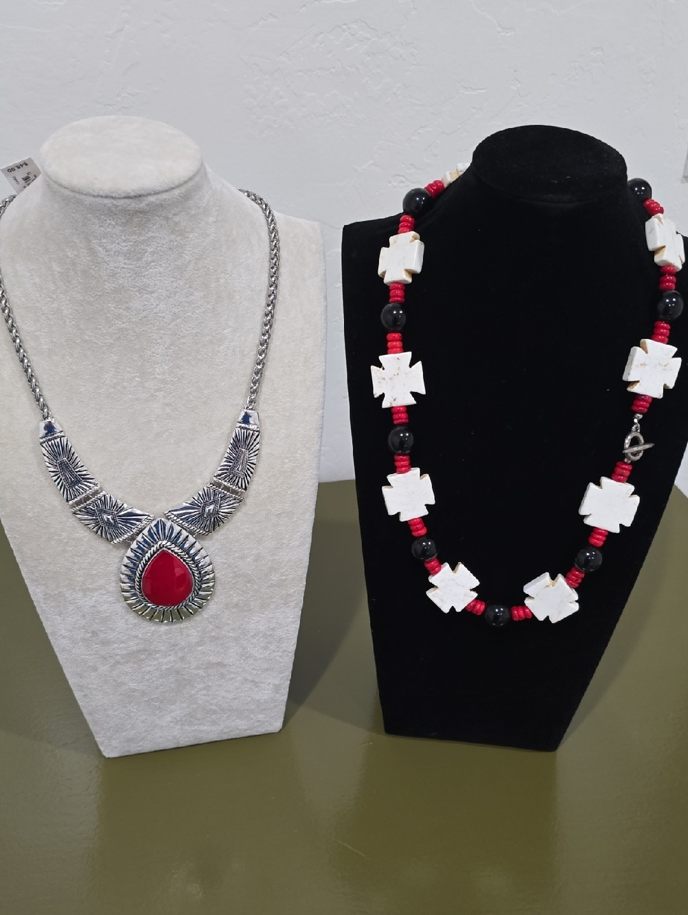 Silver-Tone Red Teardrop Statement And Stone Modern Cross And Bead Necklaces.